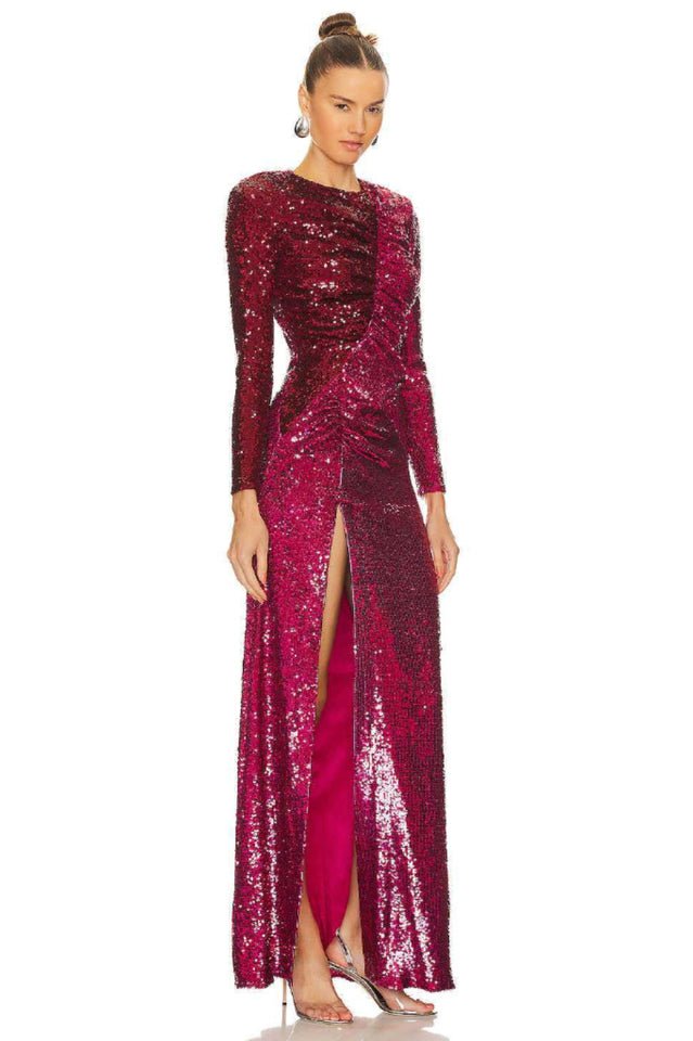 Burgundy Ruched Sequined Maxi Dress - WEUXS