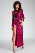 Burgundy Ruched Sequined Maxi Dress - WEUXS