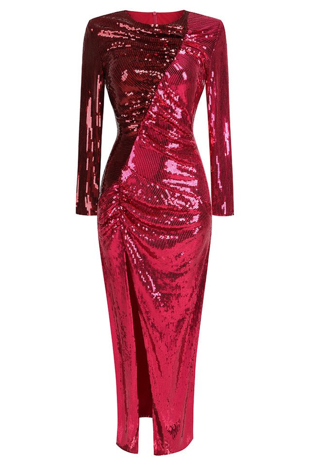 Burgundy Ruched Sequined Maxi Dress - WEUXS