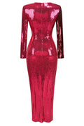 Burgundy Ruched Sequined Maxi Dress - WEUXS