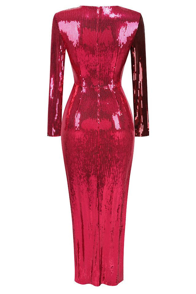 Burgundy Ruched Sequined Maxi Dress - WEUXS