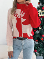 Woman wearing a green and cream color block reindeer turtleneck sweater - View 11 | WEUXS