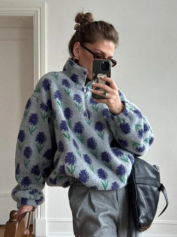 Vintage Floral Sherpa Half-Zip Pullover - WEUXS