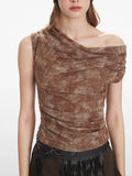 Y2K Acid Wash Draped Cowl Neck Top - WEUXS