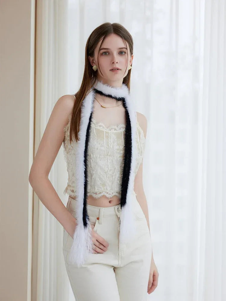 Black & White Faux Mink Skinny Scarf - WEUXS