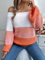 Monochrome Muse Off-Shoulder Color Block Knit Sweater - WEUXS
