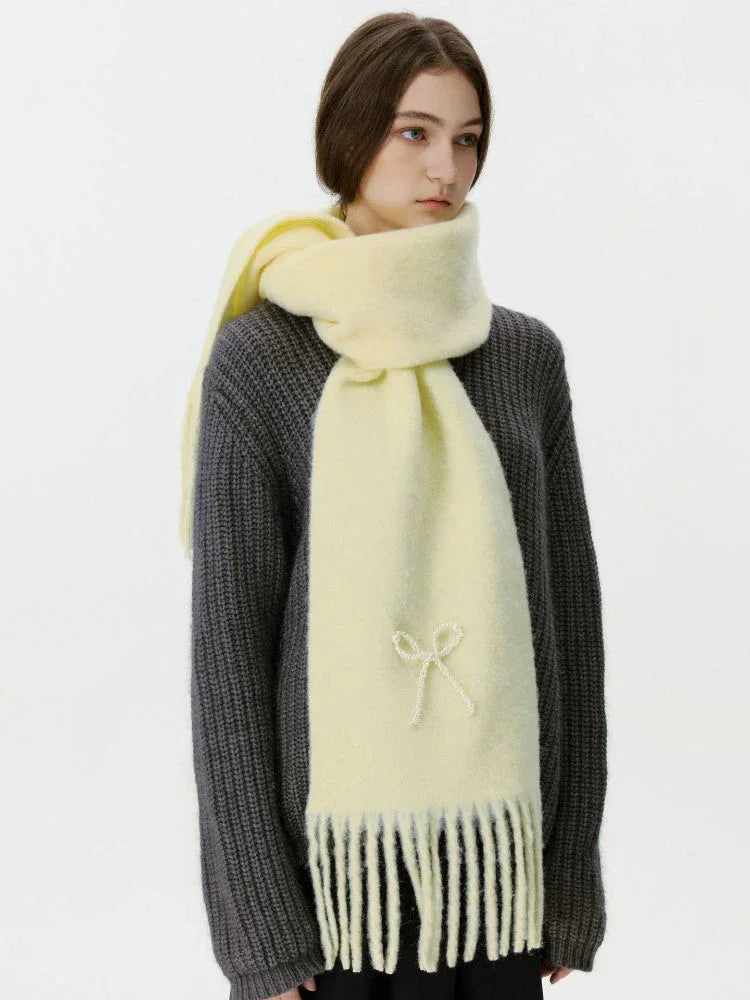 Wool blend scarf with pearl bow detail - View 6 | WEUXS