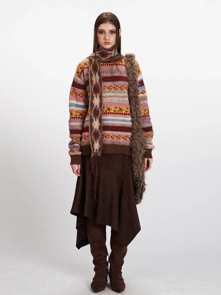 Woman wearing a striped turtleneck sweater with geometric patterns, paired with a brown asymmetrical skirt and boots.