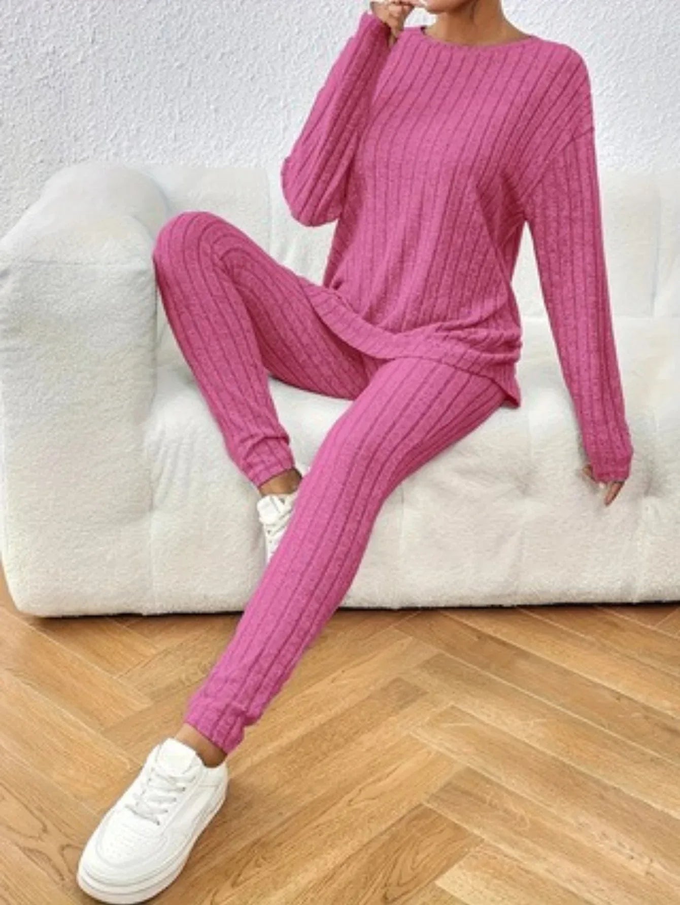 Rich Chocolate Ribbed Knit Two-Piece Lounge Set - WEUXS