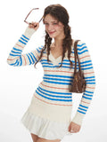 Striped Cable Knit V-Neck Sweater - View 6 | WEUXS