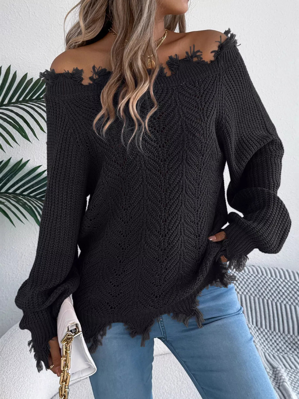 Off-Shoulder Distressed Knit Sweater - View 8 | WEUXS