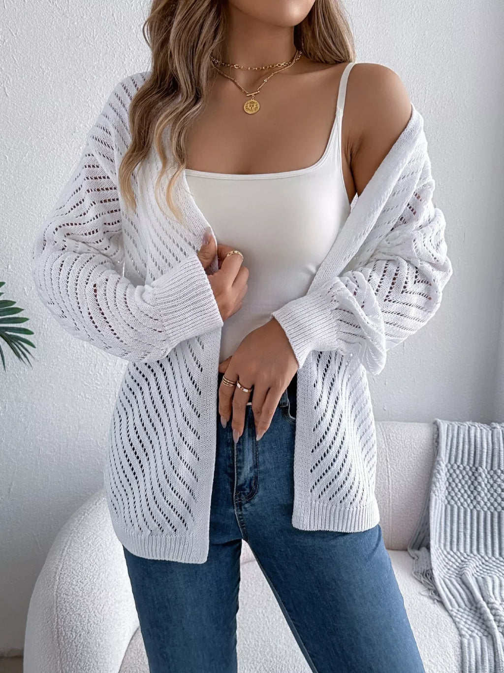 White pointelle knit cardigan - View 6 | WEUXS