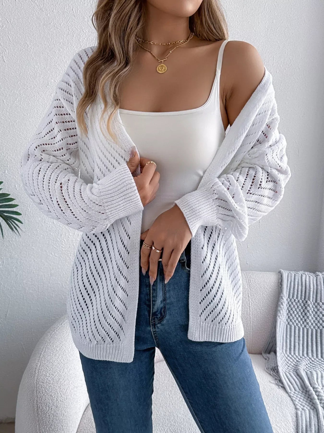 White pointelle knit cardigan - View 6 | WEUXS