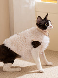 A black and white cat wearing a white faux fur coat standing.