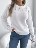 Burgundy Pointelle Knit Crew Neck Sweater with Lantern Sleeves - View 12 | WEUXS