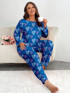 Plus Size Pink Heart Print Jogger Pajama Set - WEUXS