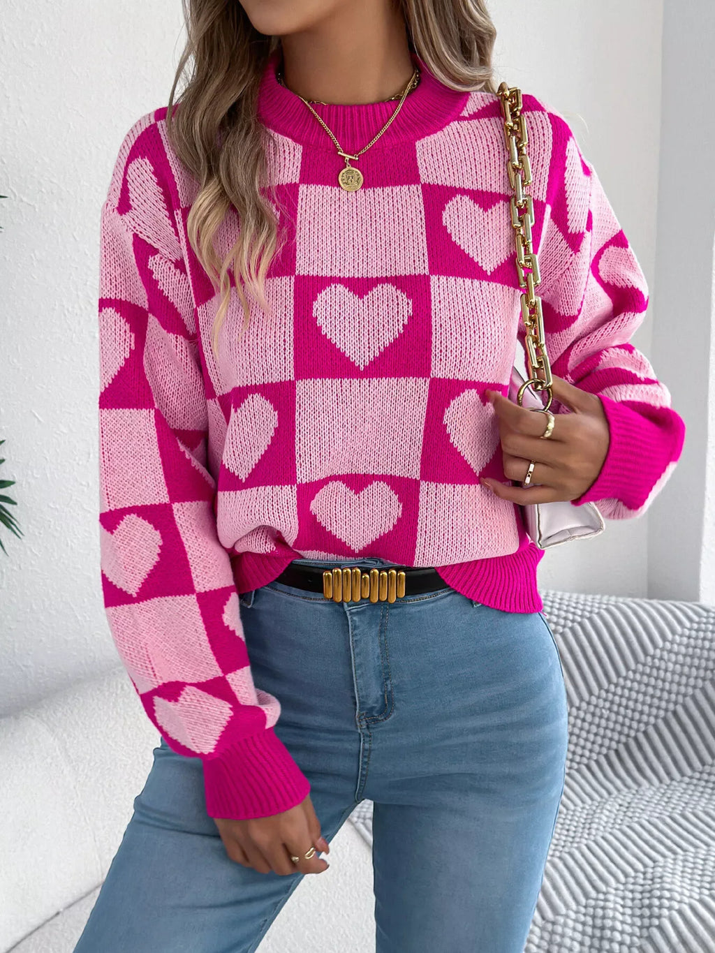 Heart Checkerboard Knit Sweater - View 9 | WEUXS