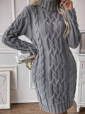 Close-up of the cable knit texture on a grey sweater dress