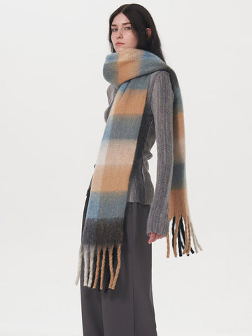 Oversized Blue & Beige Color Block Plaid Scarf