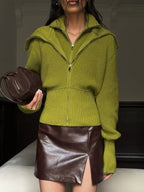 Sculpted Lime Ribbed Knit Zip-Up Cardigan - WEUXS