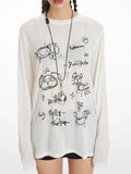 White sheer graphic print long sleeve crew neck top - View 6 | WEUXS