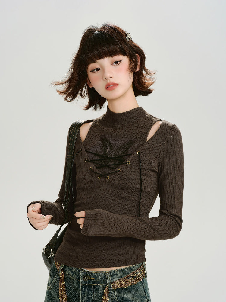 Model wearing a brown long-sleeve ribbed knit top with cut-out shoulders and a lace-up front detail.