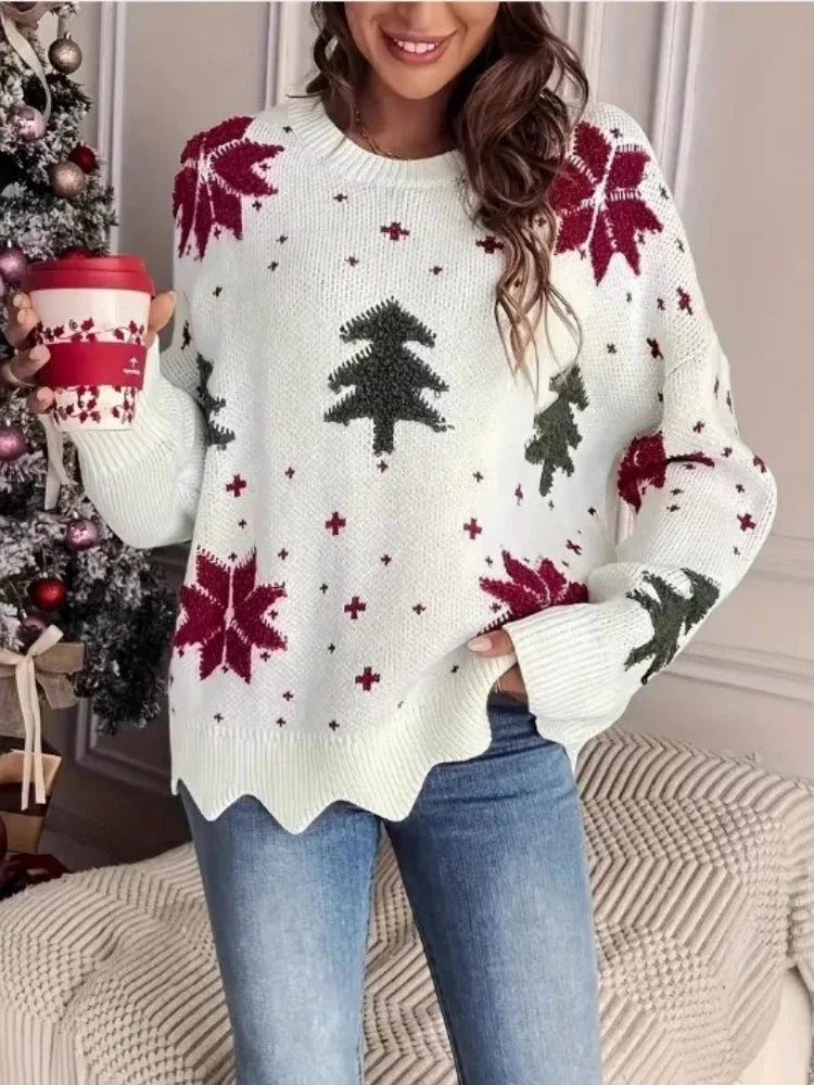 Woman in festive holiday knit sweater with snowflakes and Christmas trees.
