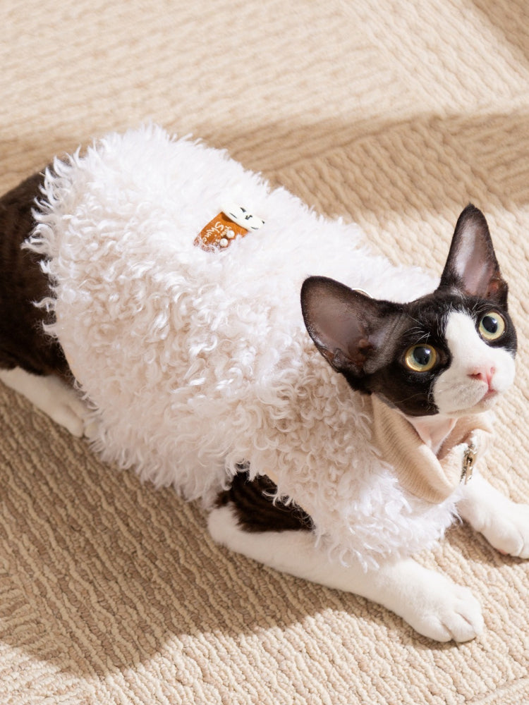 A black and white cat wearing a white faux fur coat lying down.