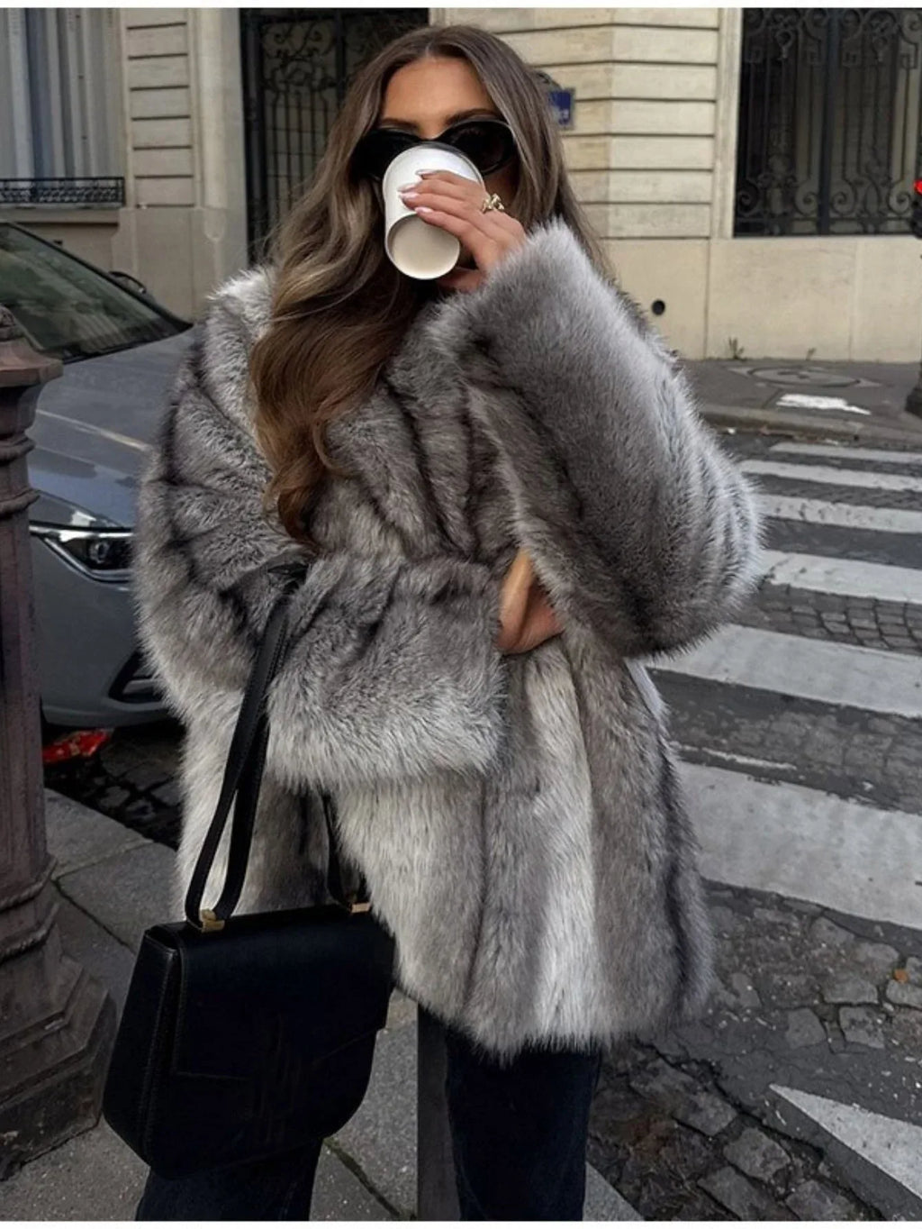 Opulent Silver Fox Style Faux Fur Coat - WEUXS