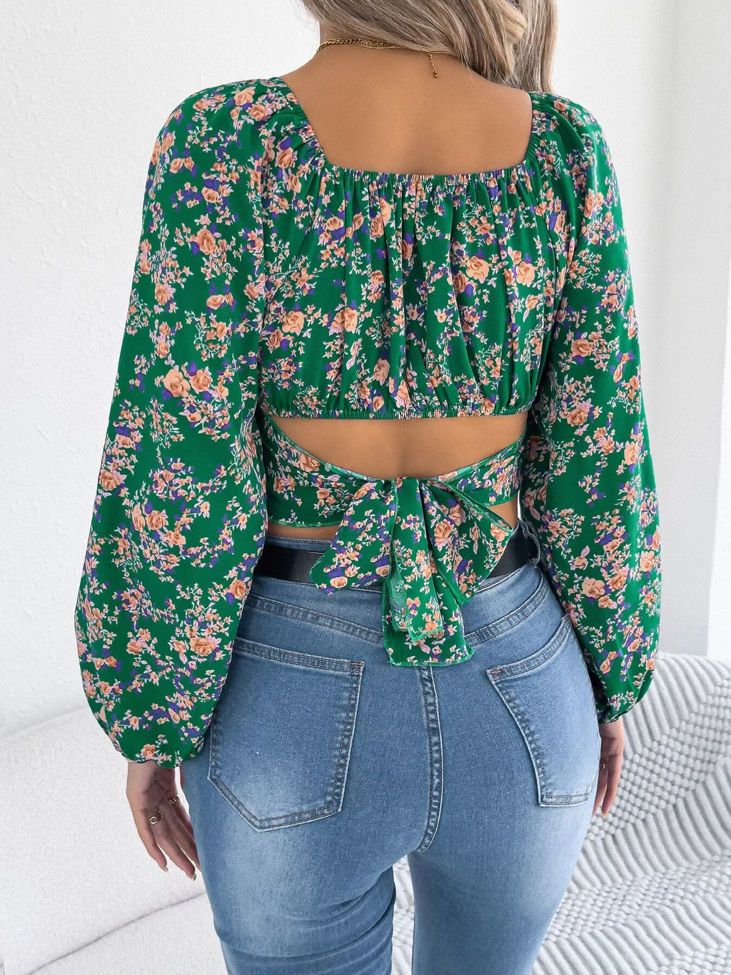 White floral puff sleeve cropped top - View 13 | WEUXS