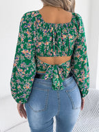 White floral puff sleeve cropped top - View 13 | WEUXS