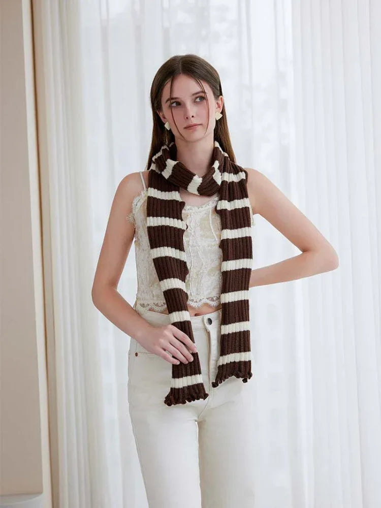 Extra Long Striped Ruffle Skinny Scarf - WEUXS