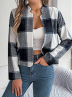 Navy Blue Plaid Cropped Jacket - View 6 | WEUXS