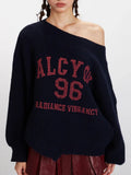 Vintage Collegiate Navy Off-Shoulder Graphic Sweater - WEUXS