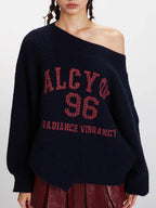 Vintage Collegiate Navy Off-Shoulder Graphic Sweater - WEUXS