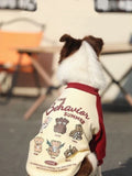 Back view of a dog wearing a large breed dog fleece pullover with graphic.