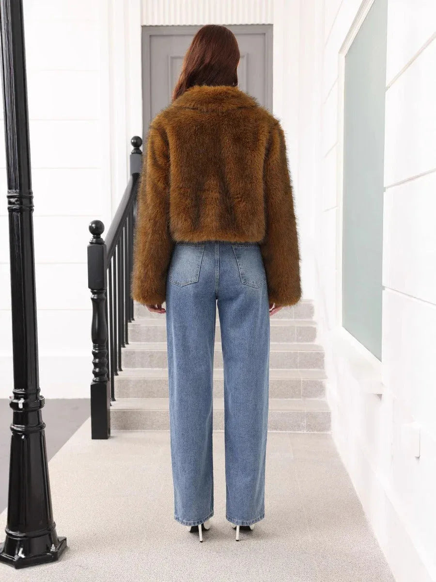 St. Moritz Caramel Cropped Faux Fur Zip-Up Jacket - WEUXS