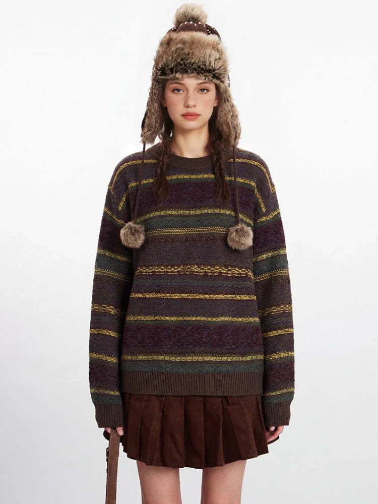 Close-up front view of a woman modeling a striped knit sweater with decorative pom-poms.