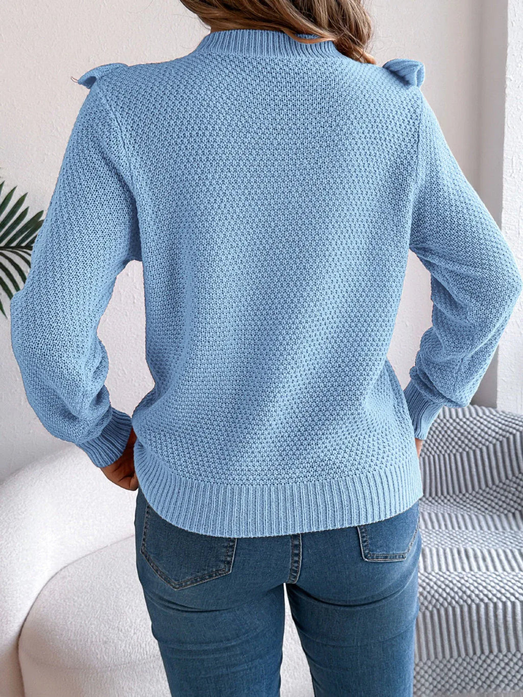 Elegant Gray Ruffle Trim Knit Sweater - WEUXS