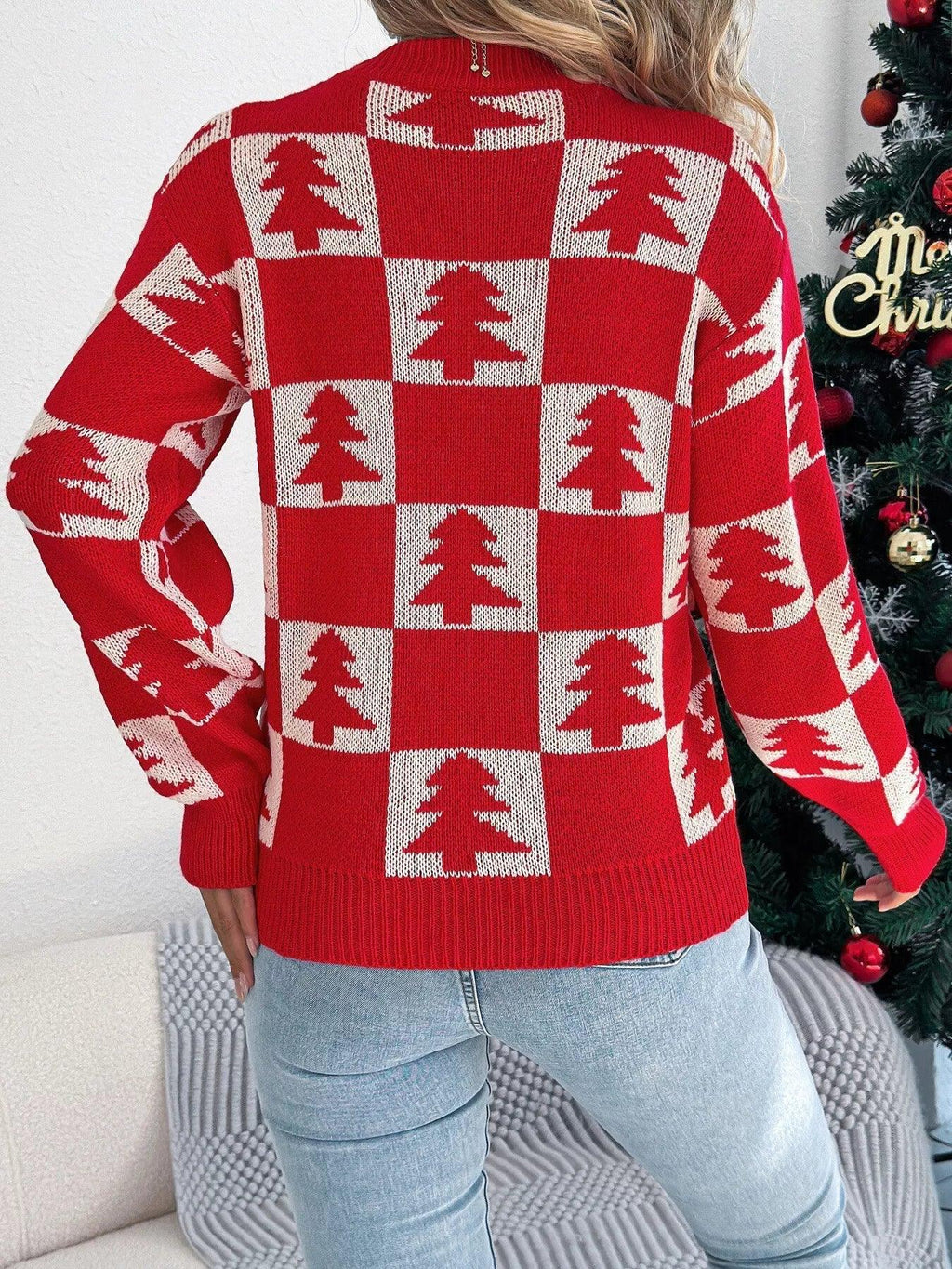 Festive Forest Checkerboard Knit Sweater - View 8 | WEUXS
