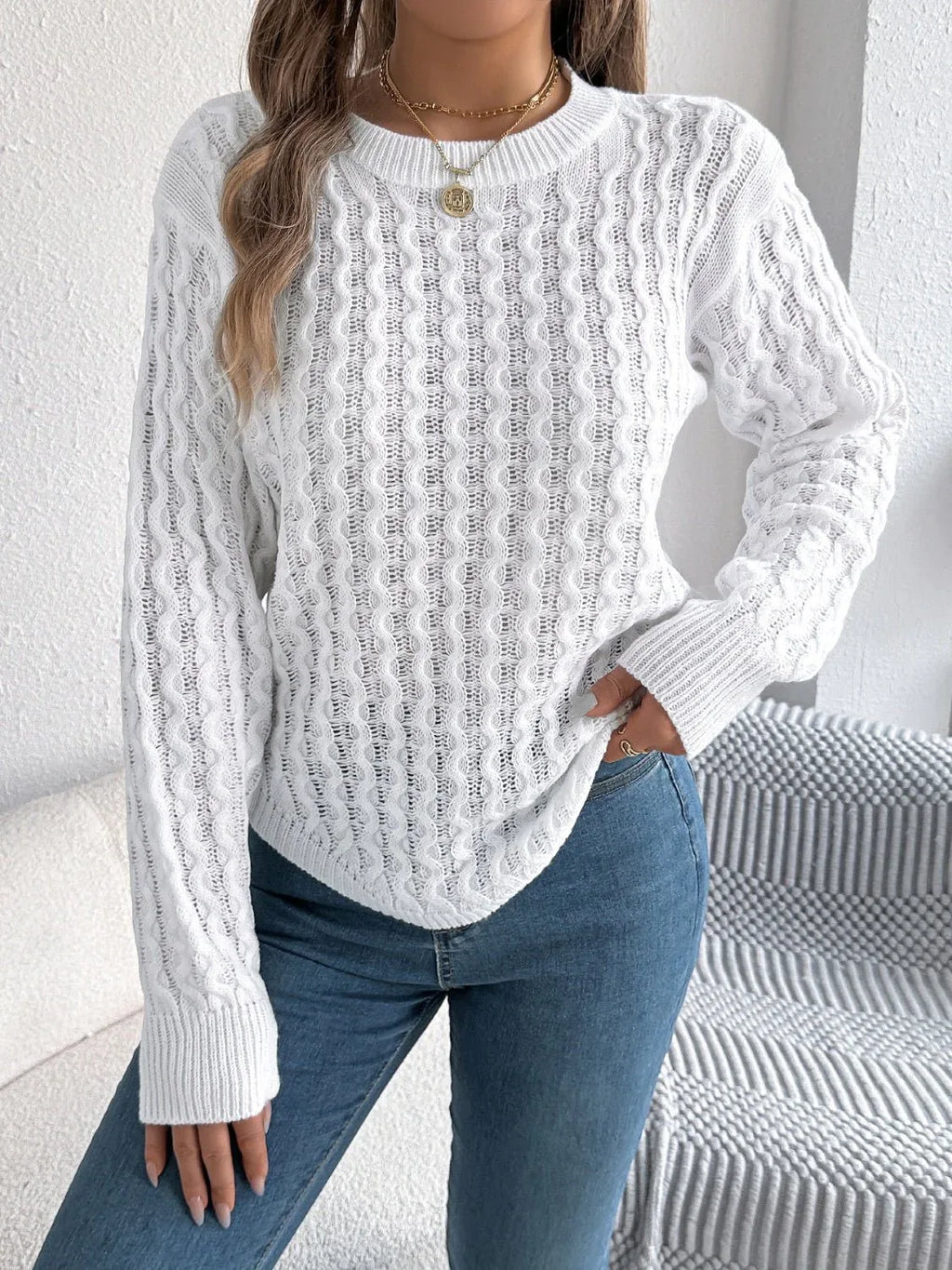 Cable knit crew neck sweater - View 16 | WEUXS