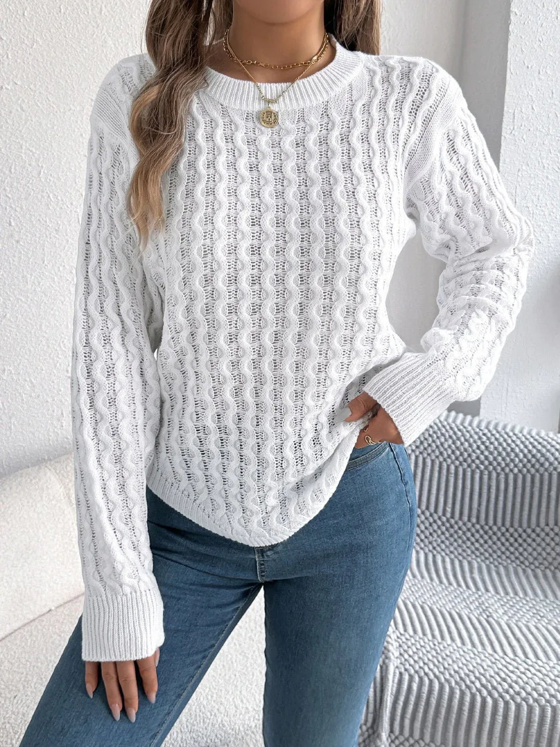 Cable knit crew neck sweater - View 16 | WEUXS