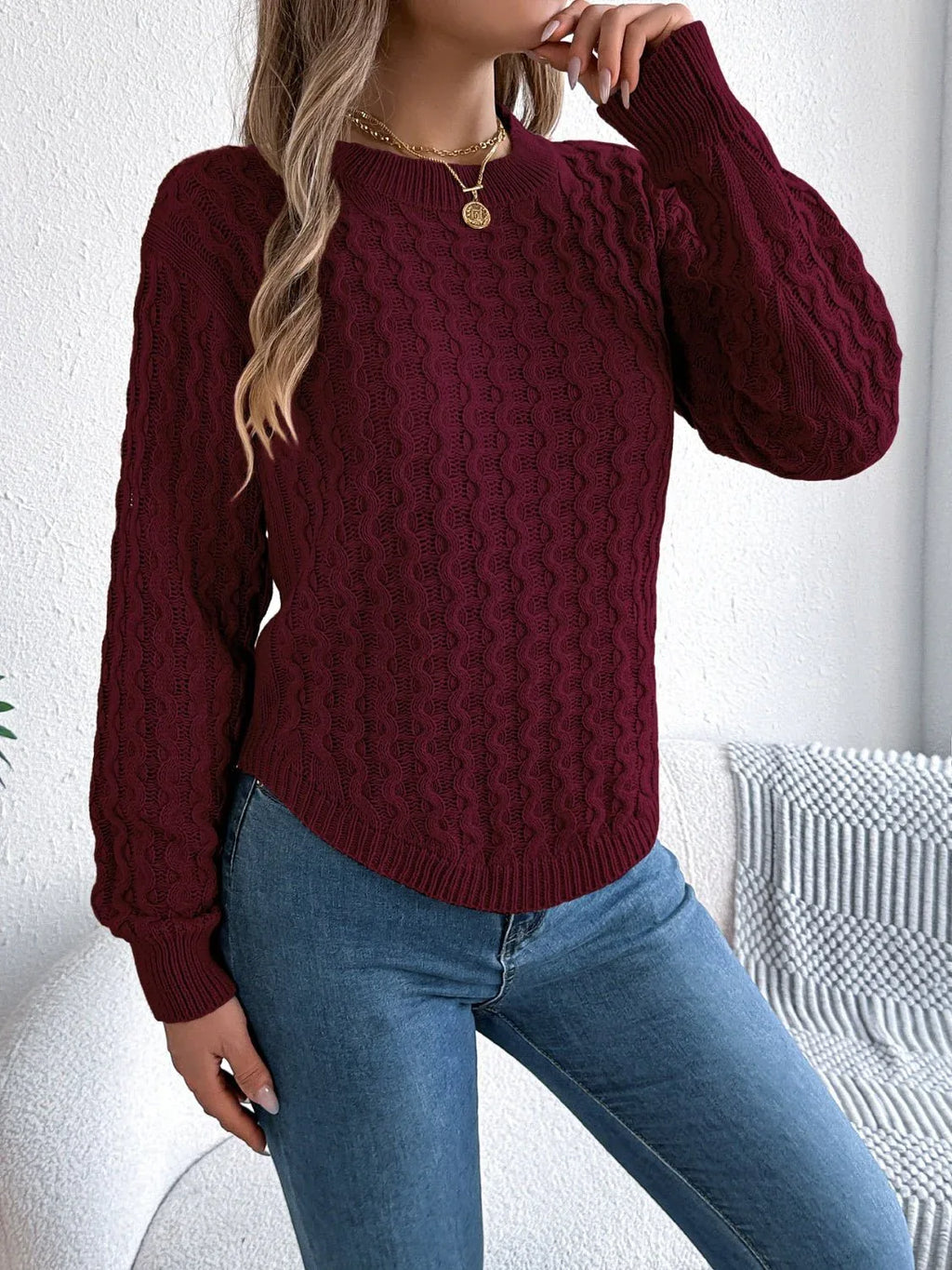 Cable Knit Crew Neck Sweater - View 12 | WEUXS