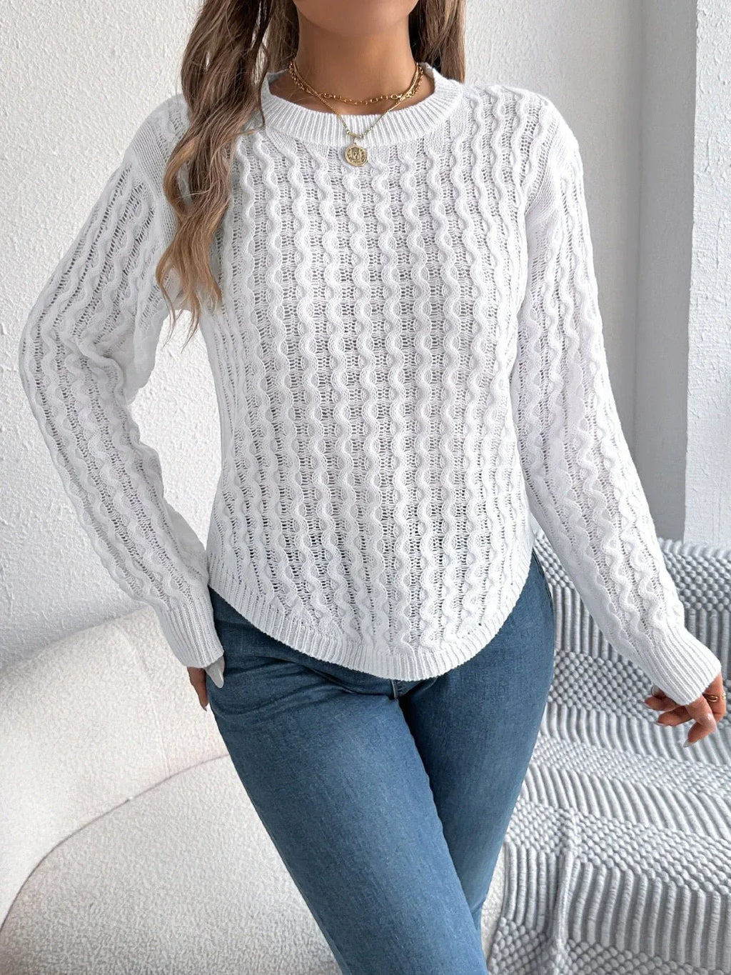Cable knit crew neck sweater - View 18 | WEUXS