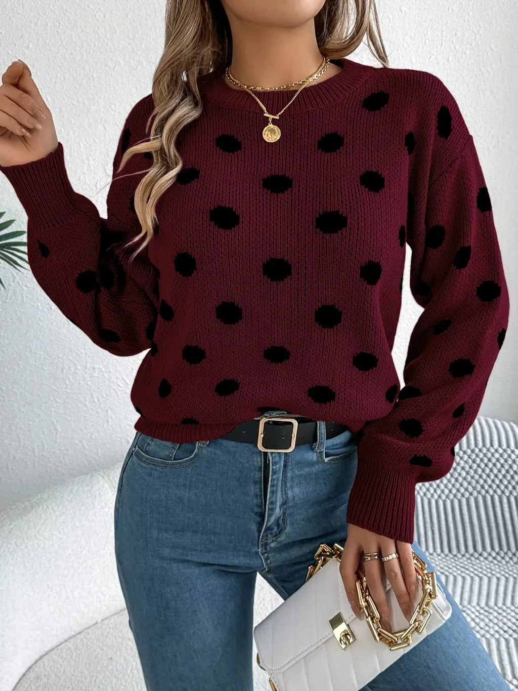 Polka Dot Knit Sweater - View 8 | WEUXS