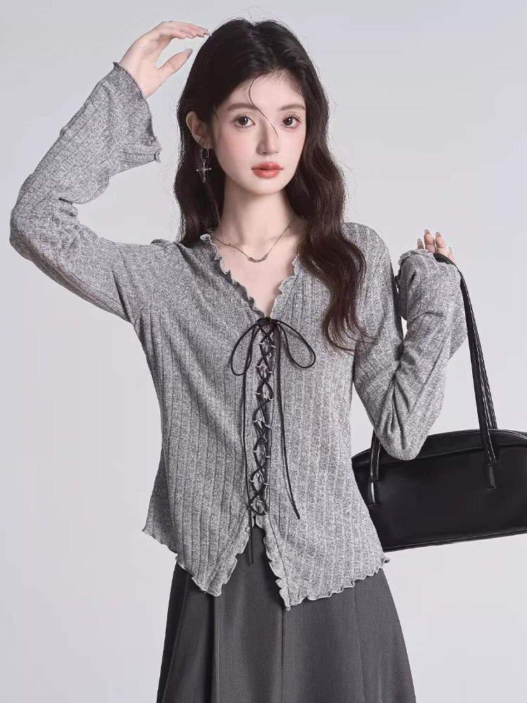 Camel ribbed knit lace-up v-neck cardigan top - View 6 | WEUXS