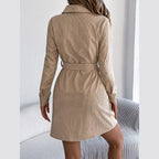 Beige corduroy belted shirt dress - View 6 | WEUXS