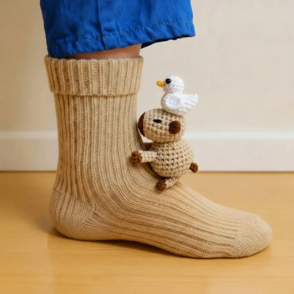 A pair of tan knit crew socks with a ribbed texture, featuring a small crocheted dog appliqué with a white duck on its head.