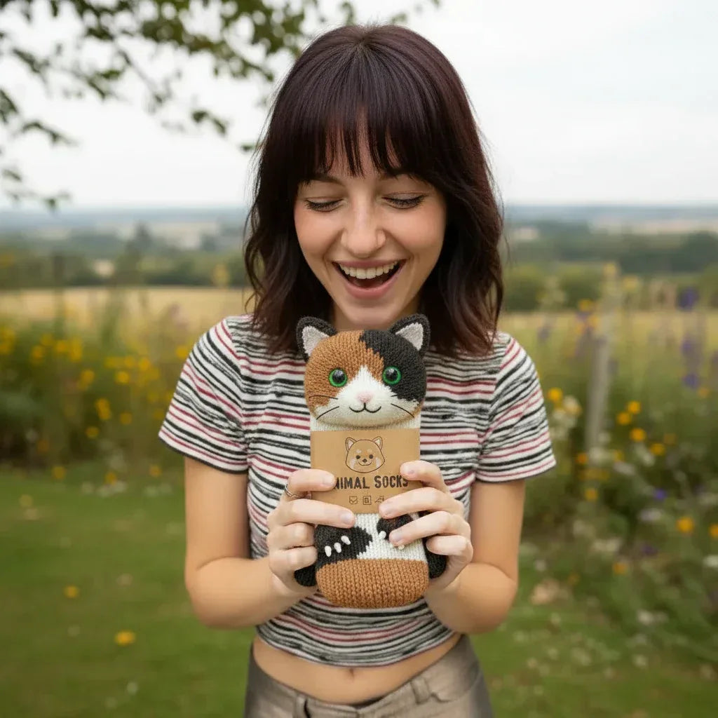 A smiling woman holding a calico cat novelty sock in an outdoor setting.