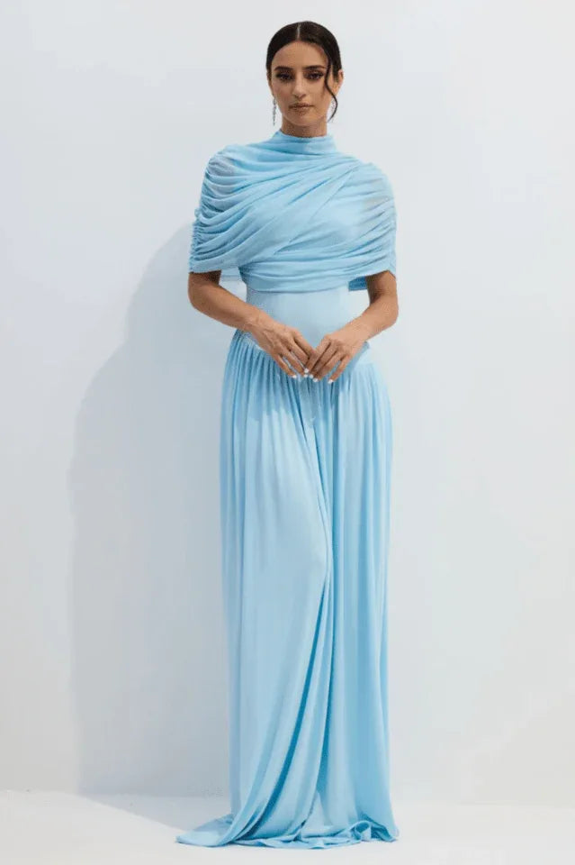 Blue asymmetrical pleated maxi dress with cowl neckline - View 9 | WEUXS